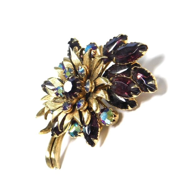 Vintage Signed SELINI Brooch Goldtone Garnet & Aurora Borealis Stones Layered - Picture 3 of 7